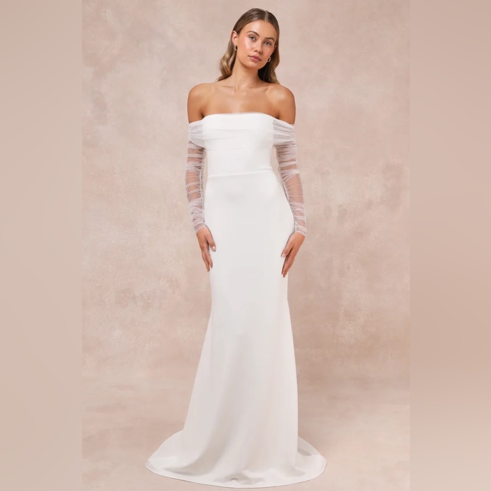 Lulus Beautifully Beloved White Mesh Off-the-Shoulder Maxi Dress NWOT
